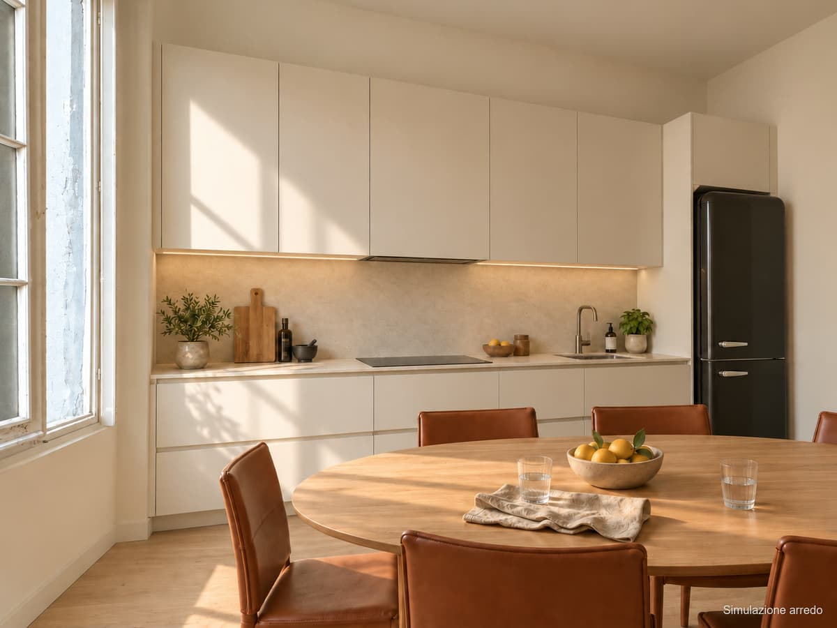 Cucina e zona pranzo (simulazione) — Appartamenti in vendita a Palazzo Denaglia, centro storico di Reggio Emilia