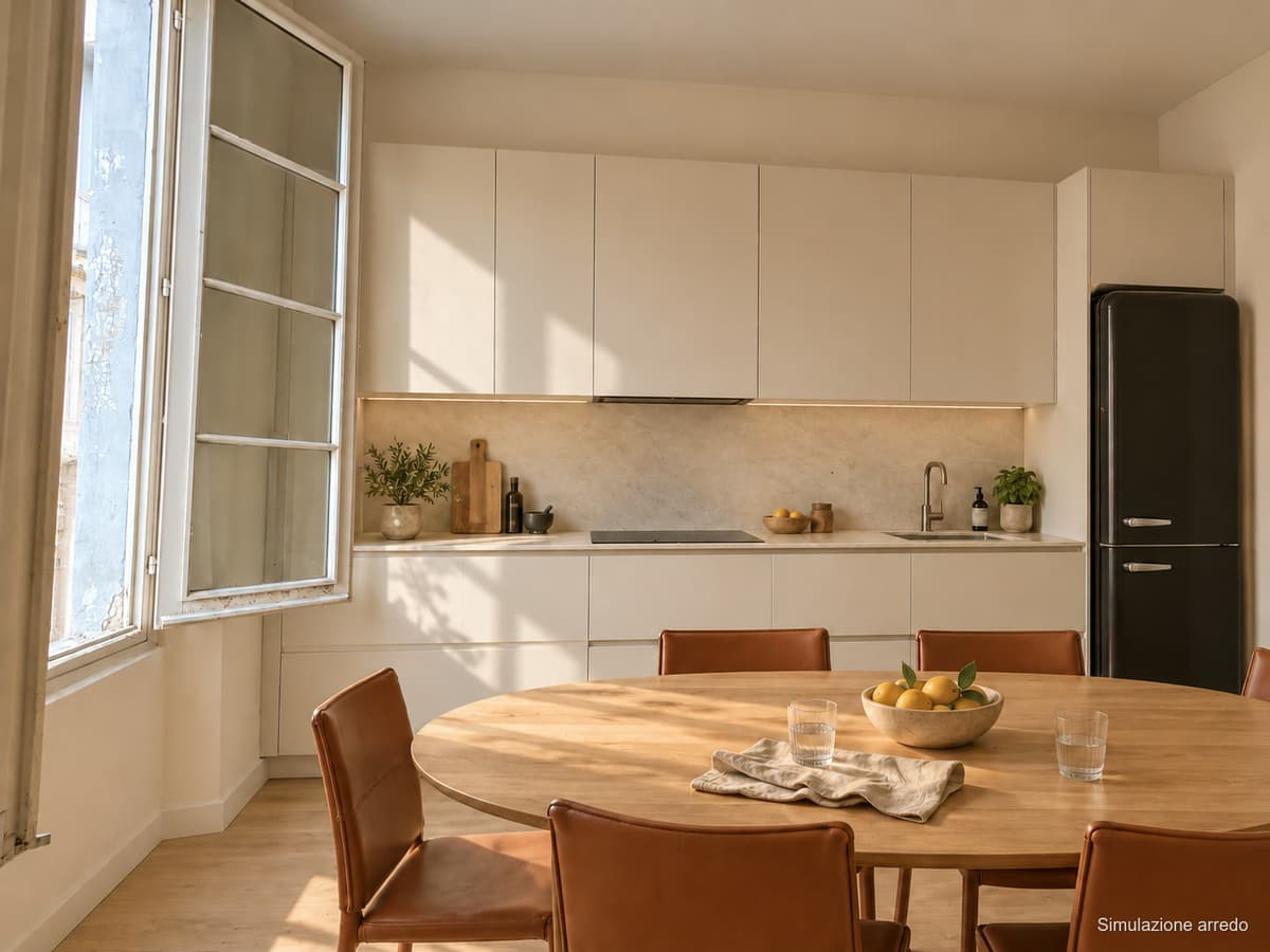 Cucina e zona pranzo, altra angolazione (simulazione) — Appartamenti in vendita a Palazzo Denaglia, centro storico di Reggio Emilia