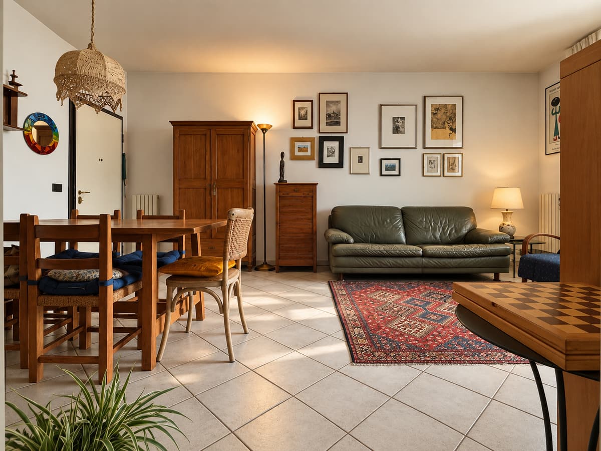 Soggiorno — altra angolazione con lampadario rattan e tappeto — Appartamento di 132 m² con loggia al Buco del Signore