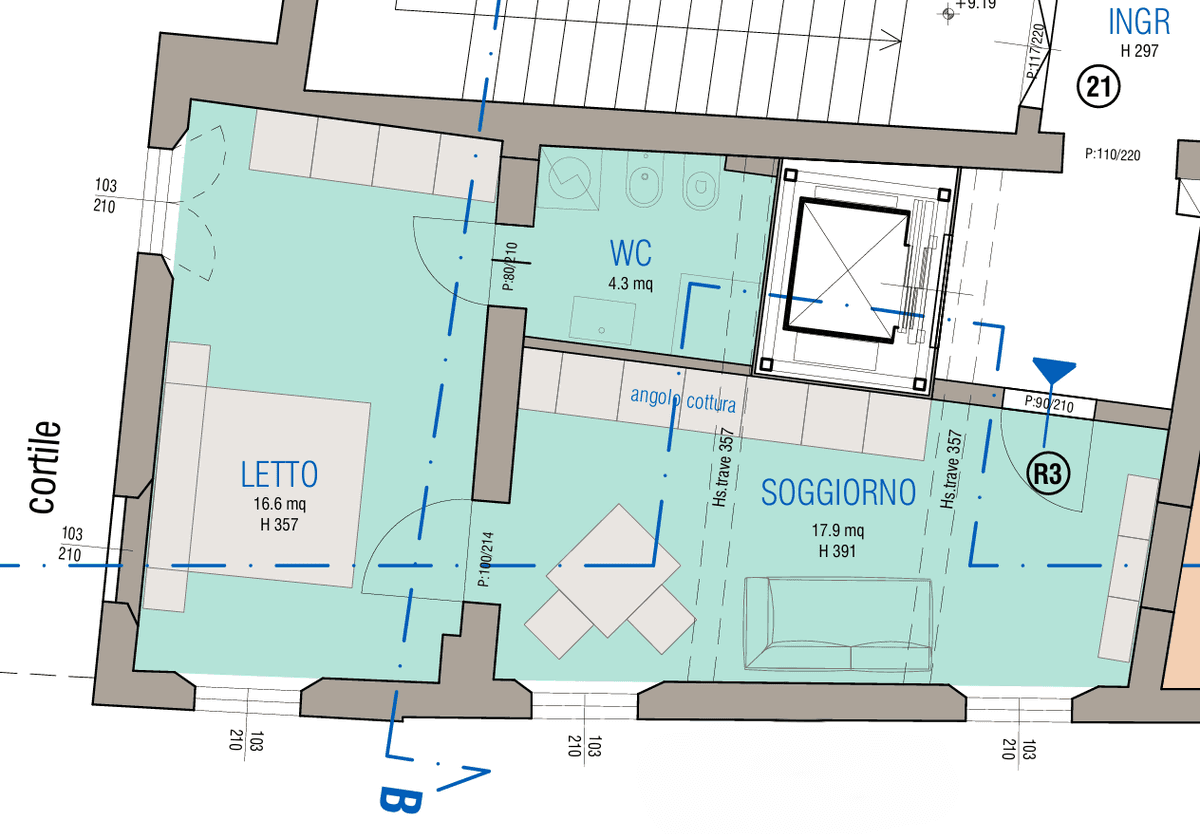 Planimetria Rif. 470 R3 — Appartamenti in vendita a Palazzo Denaglia, centro storico di Reggio Emilia