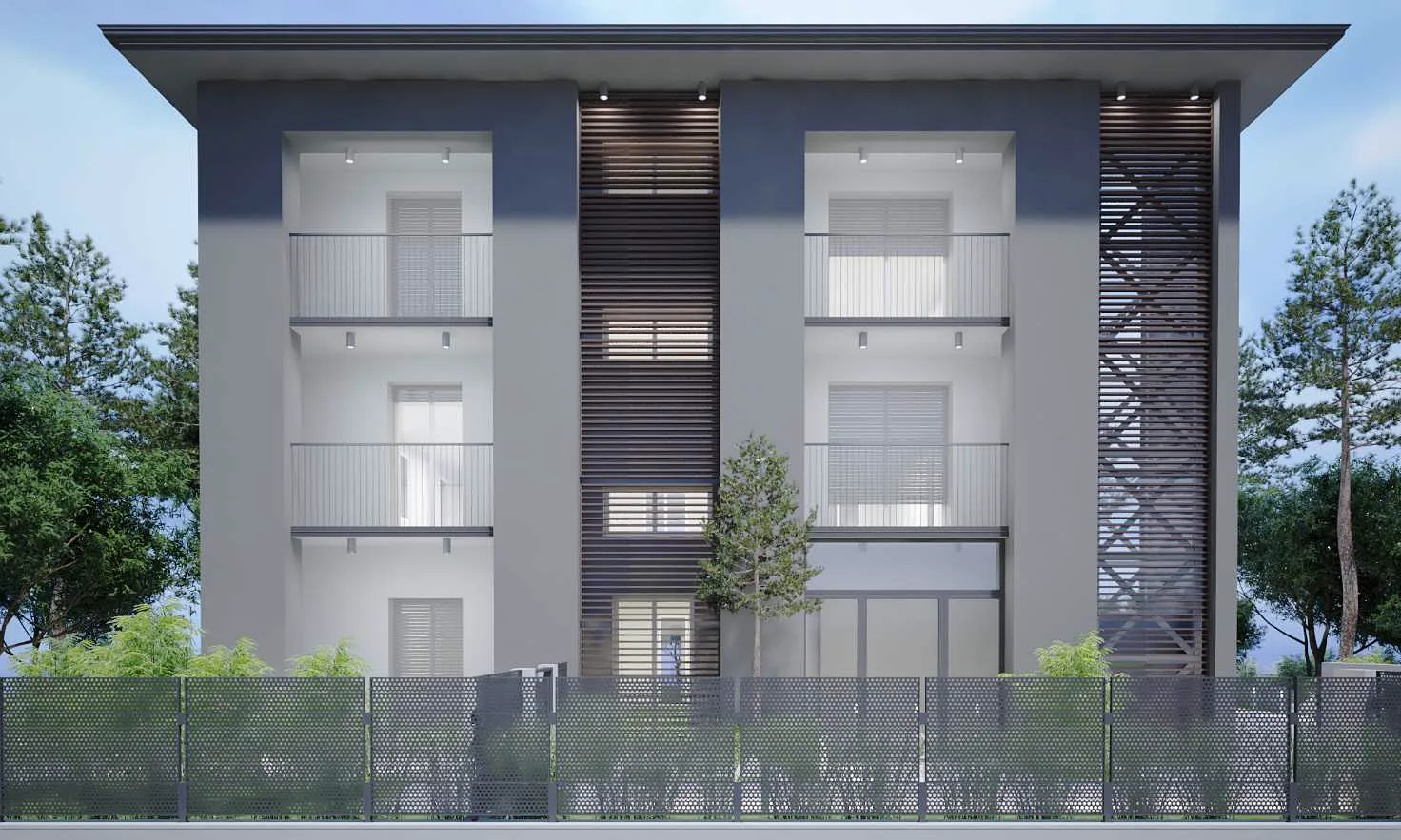 Render della facciata della palazzina rinnovata in Via Leopardi ad Albinea, con logge e balconi