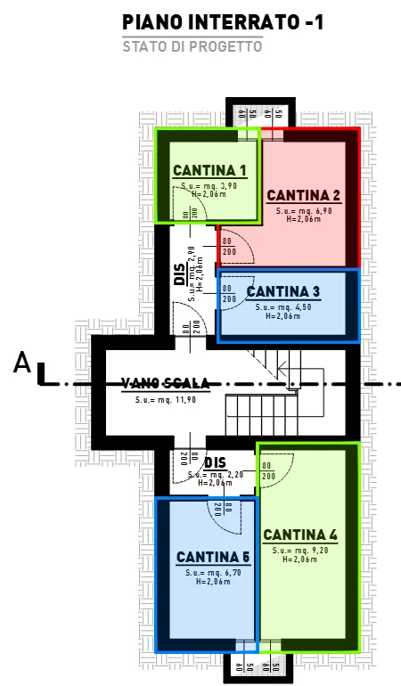 Planimetria del piano interrato con le cinque cantine