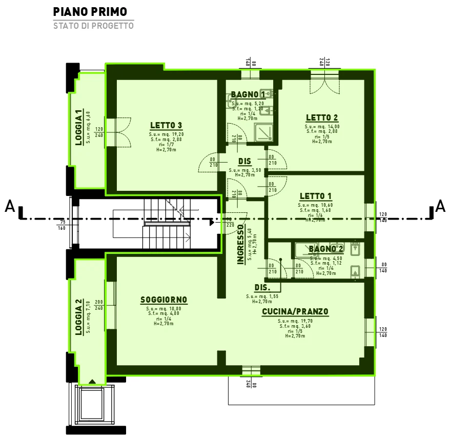 Planimetria del primo piano con soggiorno, cucina abitabile, tre camere, due bagni e due logge