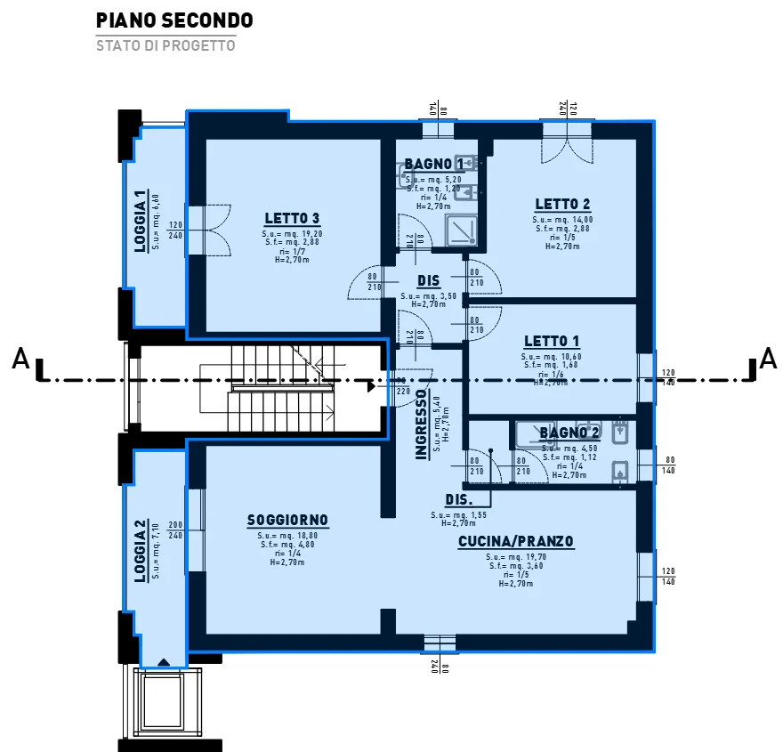 Planimetria del secondo piano con soggiorno, cucina abitabile, tre camere, due bagni e due logge