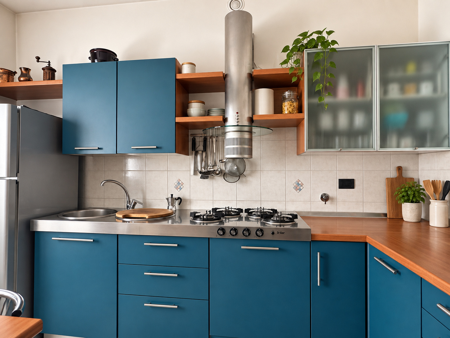 Cucina — dettaglio pensili blu ad L e piano cottura