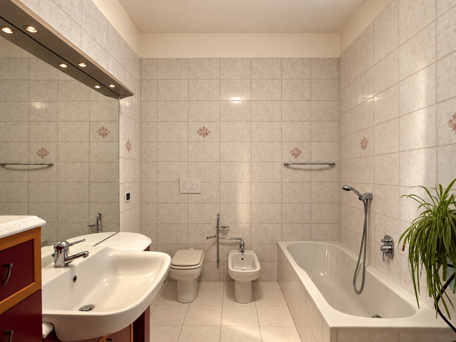 Bagno principale — vasca, bidet, wc, grande specchio illuminato