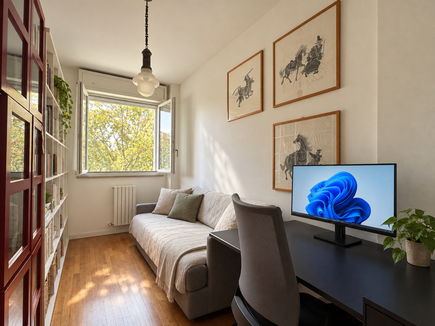 Studio — divano letto, libreria, scrivania con monitor