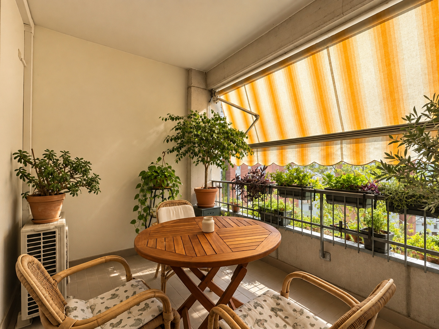 Balcone — tenda arancio, sedie rattan, piante e vista città